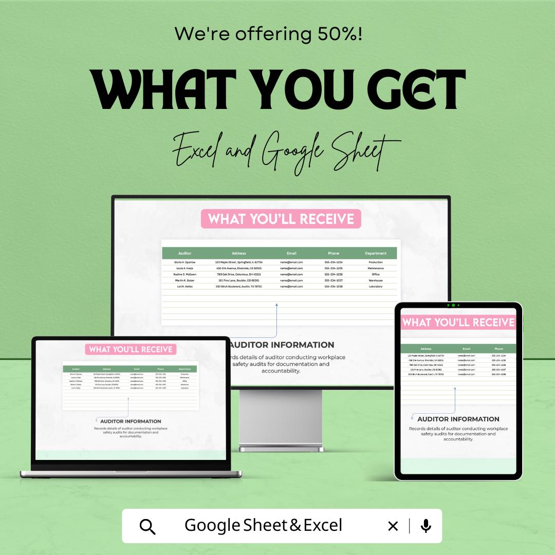 Workplace Safety Audit Tracking Sheet Template | Safety Audit Checklist & Tracker | Compliance Audit Log | Excel and Google Sheets