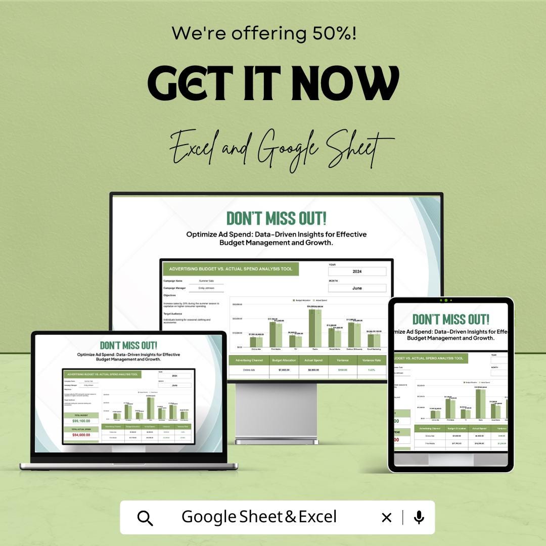 Advertising Budget vs Actual Spend Analysis Tool Template | Google Sheets | Marketing Budget Tracker | Ad Spend Analysis Spreadsheet |