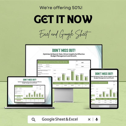Advertising Budget vs Actual Spend Analysis Tool Template | Google Sheets | Marketing Budget Tracker | Ad Spend Analysis Spreadsheet |
