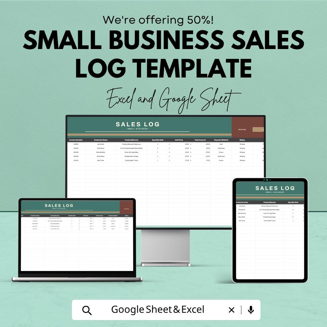 Small Business Sales Log Template Excel | Sales Tracker Spreadsheet Google Sheets | Sales Record Tracker | Revenue Tracking Sheet |