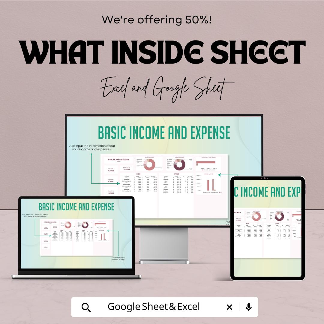 Basic Income and Expense Template | Personal Finance Tracker | Google Sheets and Excel Budget Planner | Income Expense Log
