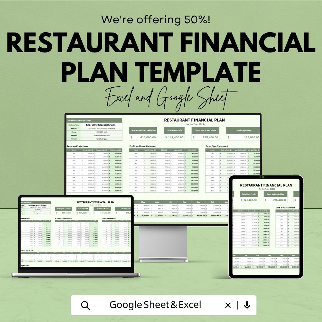 Restaurant Financial Plan Template | Restaurant Budget Spreadsheet | Profit Loss Tracker | Food Business Financial Planner