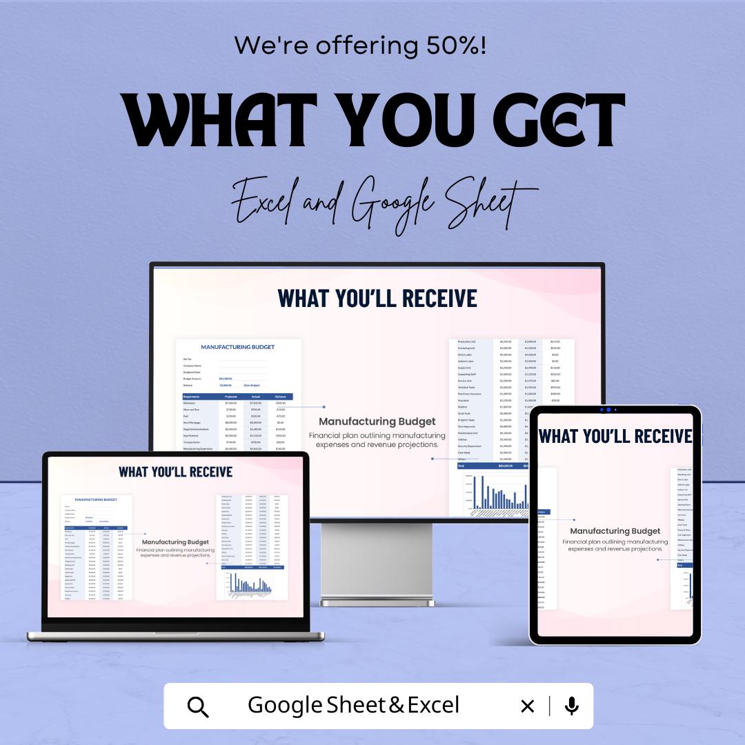 Manufacturing Budget Sheet Excel and Google Sheets | Cost Tracker, Forecasting and Financial Template for Factory & Production