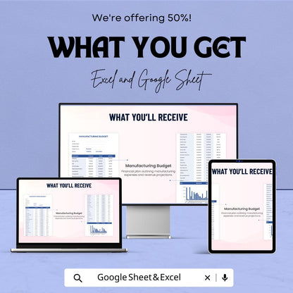 Manufacturing Budget Sheet Excel and Google Sheets | Cost Tracker, Forecasting and Financial Template for Factory & Production