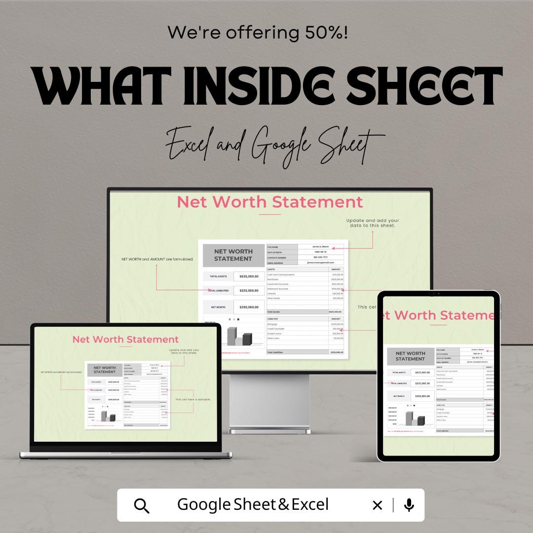 Net Worth Statement Template | Excel and Google Sheets | Personal Finance Tracker, Asset & Liability Calculator, Budget Planner