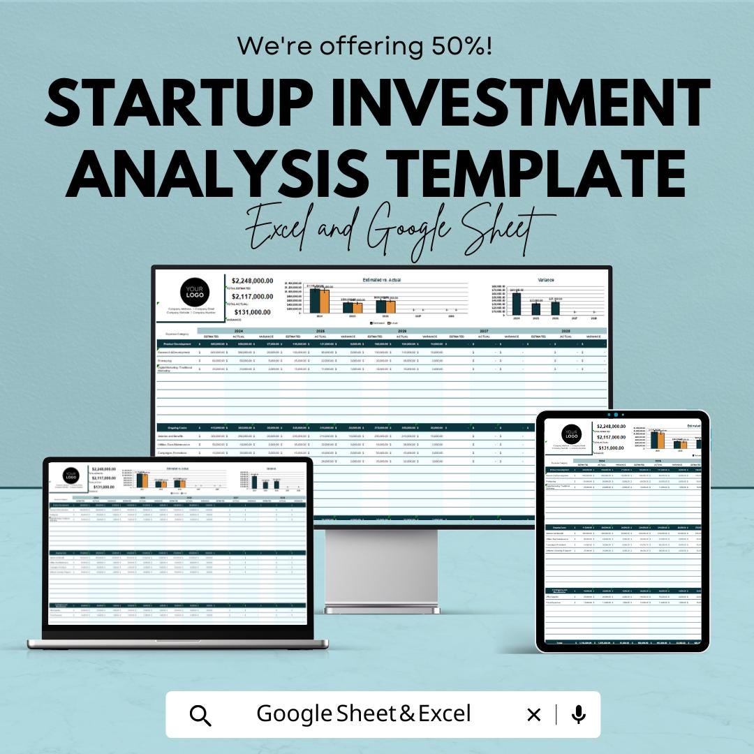 Startup Investment Analysis Template | Excel and Google Sheets | Investment Projection Spreadsheet | Startup Financial Model |