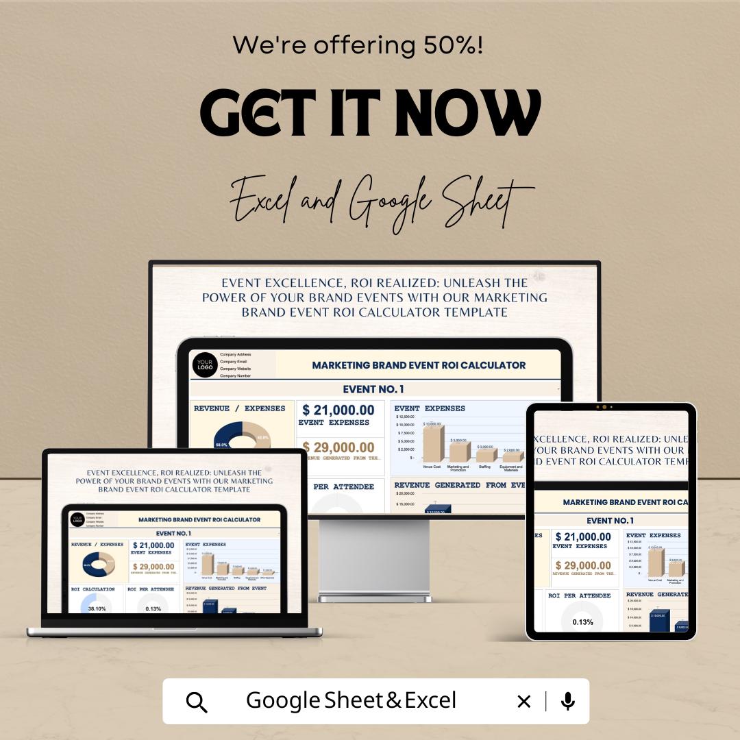 Marketing Brand Event ROI Calculator Sheet - Google Sheets  - Calculate Event ROI - Marketing Budget Tracker - ROI Performance Analysis