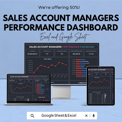 Sales Account Managers Dashboard | Sales Performance Tracker | Excel & Google Sheets | Account Metrics Report | Sales Analytics Template
