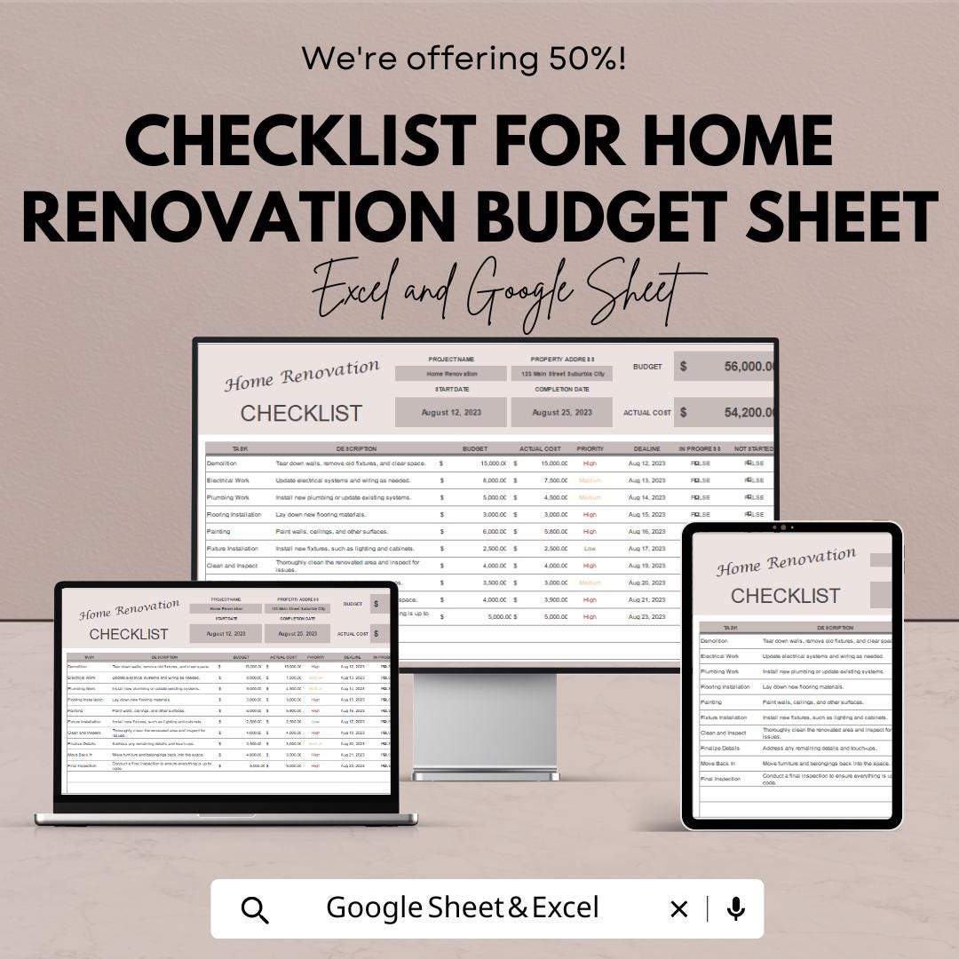 Home Renovation Budget Checklist for Excel and Google Sheets - 50% Off - Project Management & Estimation Tool