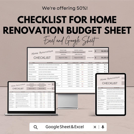Home Renovation Budget Checklist for Excel and Google Sheets - 50% Off - Project Management & Estimation Tool