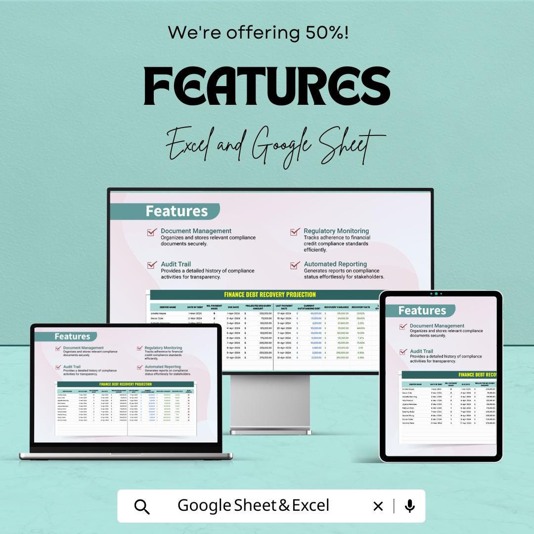 Finance Debt Recovery Projection Template | Debt Tracker, Payment Log, Compliance Monitoring Sheet | Recovery Forecast Tool
