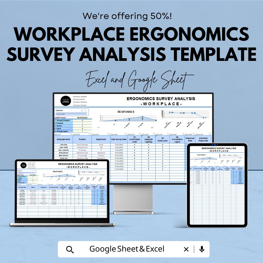 Workplace Ergonomics Survey Analysis Template | Employee Ergonomic Assessment Tool | HR Survey Dashboard | Excel & Google Sheets