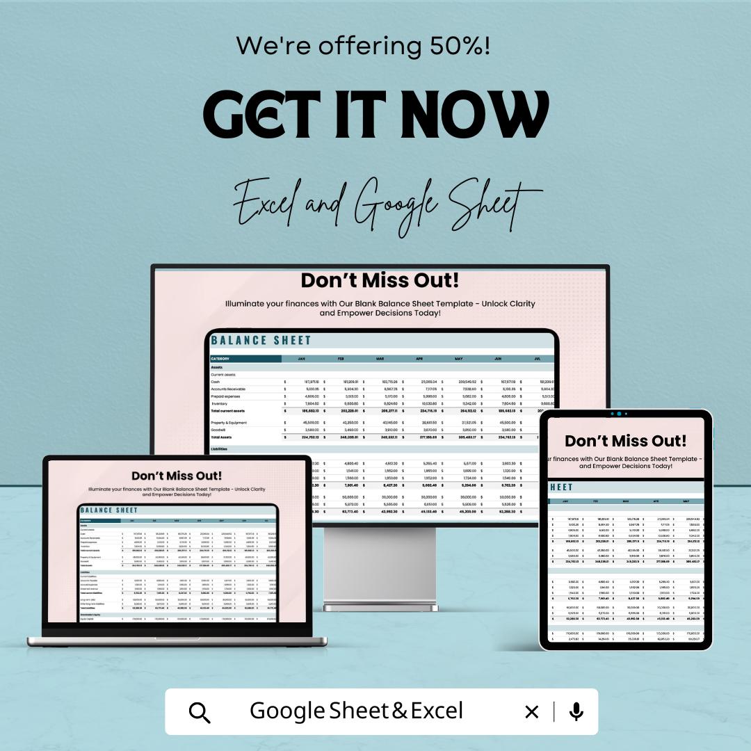 Blank Balance Sheet Template | Financial Statement Spreadsheet | Business Accounting Template | Editable Finance Sheet
