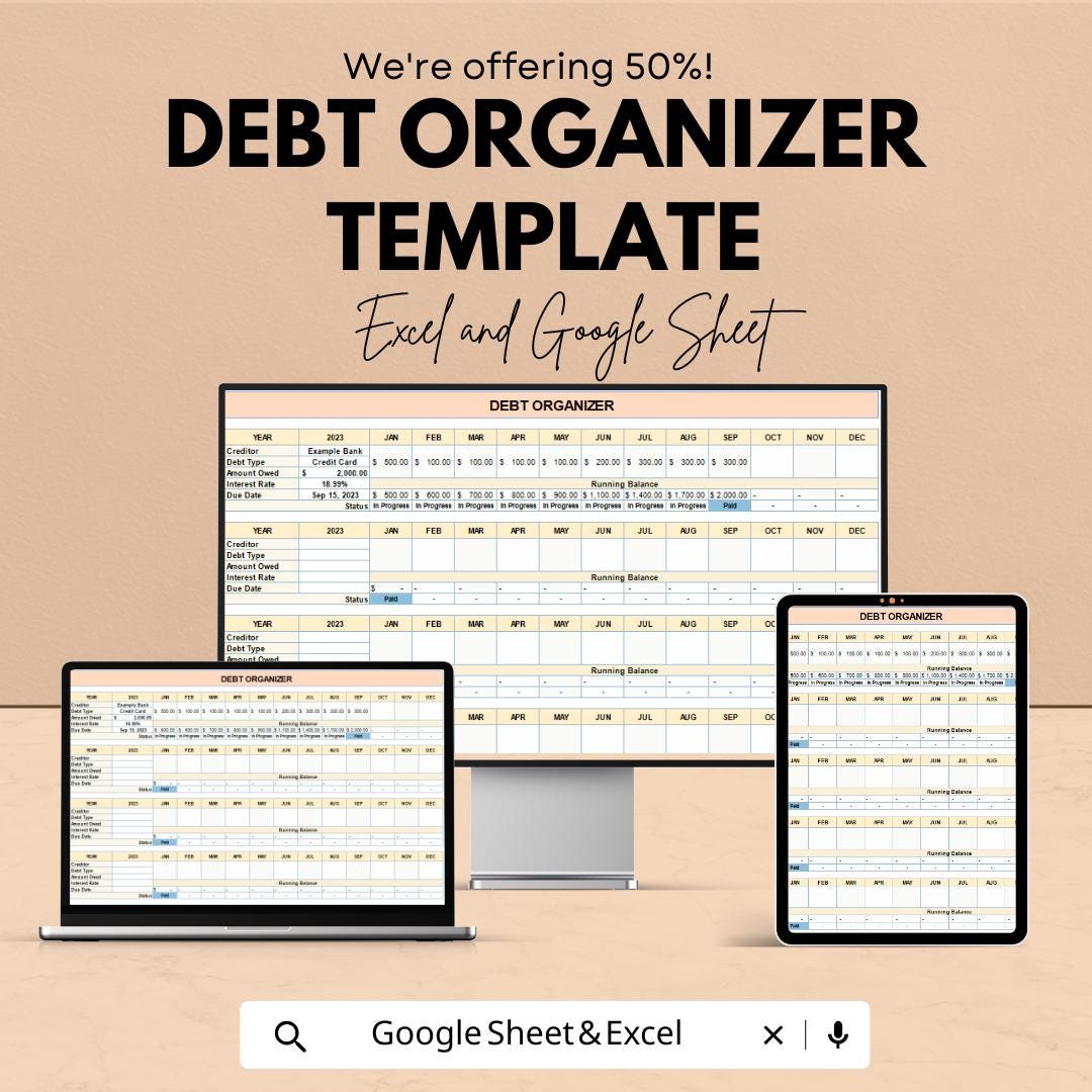 Debt Organizer Template | Debt Tracker Spreadsheet | Monthly Payment Log | Budget Planner | Financial Management Tool | Editable Template