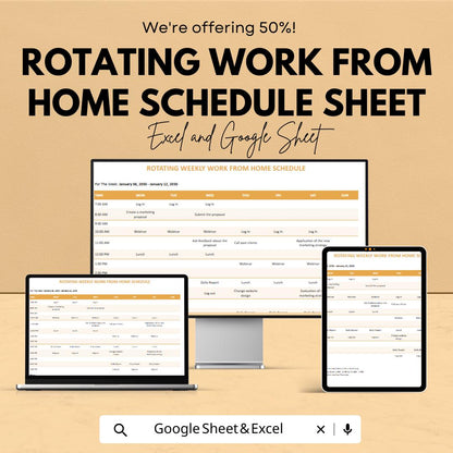 Rotating Work From Home Schedule Sheet - Excel & Google Sheets Template - Weekly Planner for Remote Work - 50% Off - Instant Download