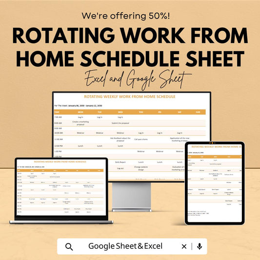 Rotating Work From Home Schedule Sheet - Excel & Google Sheets Template - Weekly Planner for Remote Work - 50% Off - Instant Download
