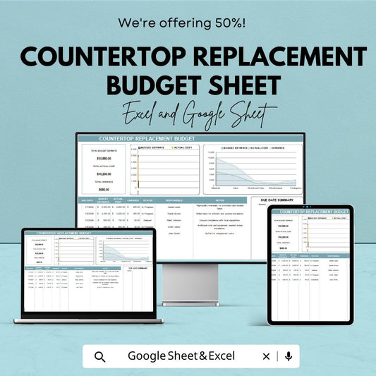 Countertop Replacement Budget Sheet | Kitchen Remodel Cost Tracker | Excel & Google Sheets | Renovation Estimate Template