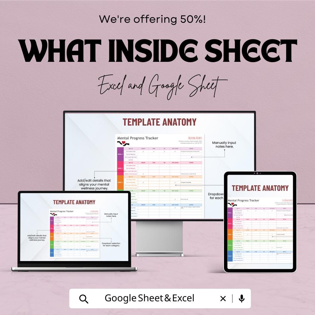 Mental Progress Tracker Template | Mental Health Journal Spreadsheet | Mood & Wellness Tracker | Self Care Progress Log