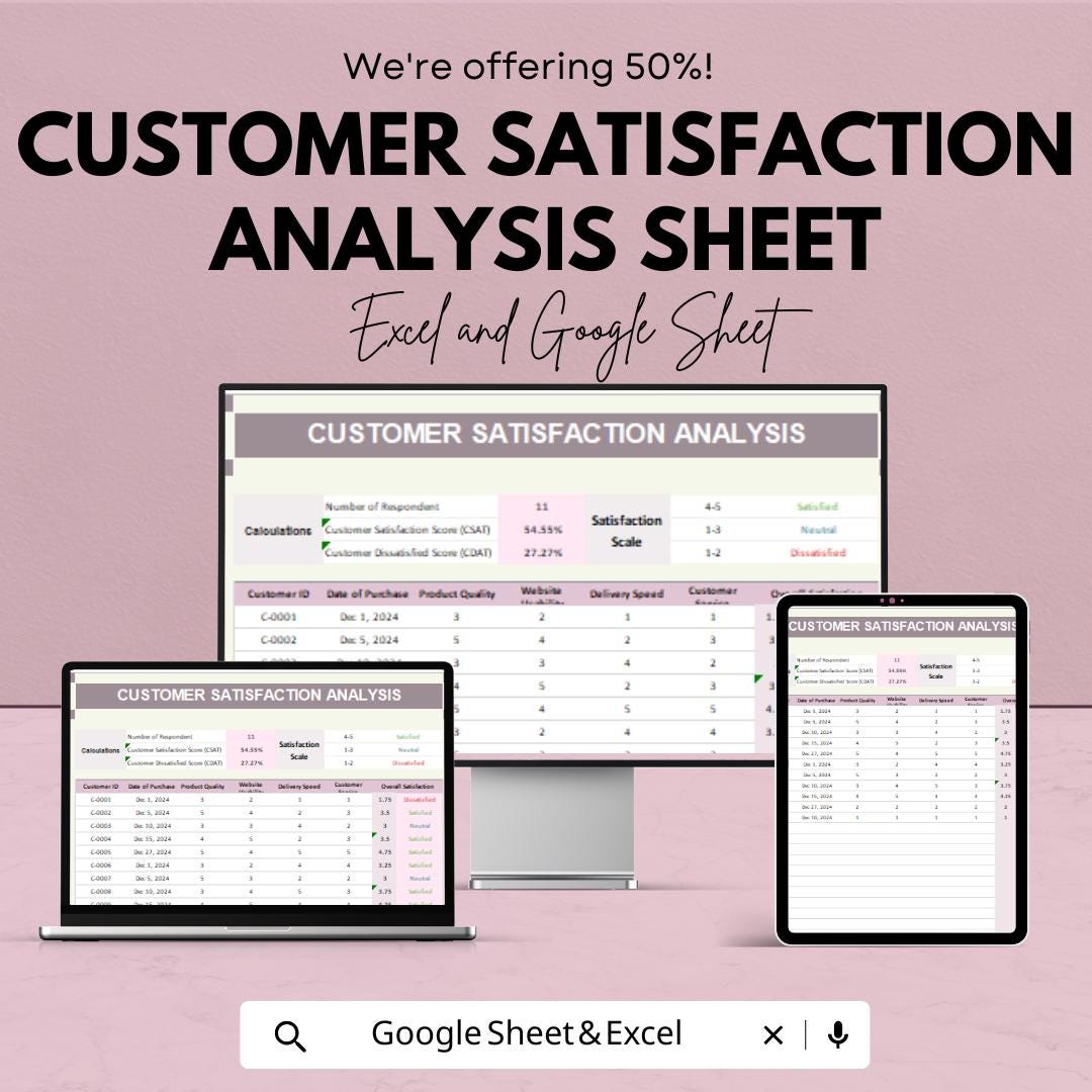 Customer Satisfaction Analysis Sheet - Excel & Google Sheet Template for Tracking Customer Feedback