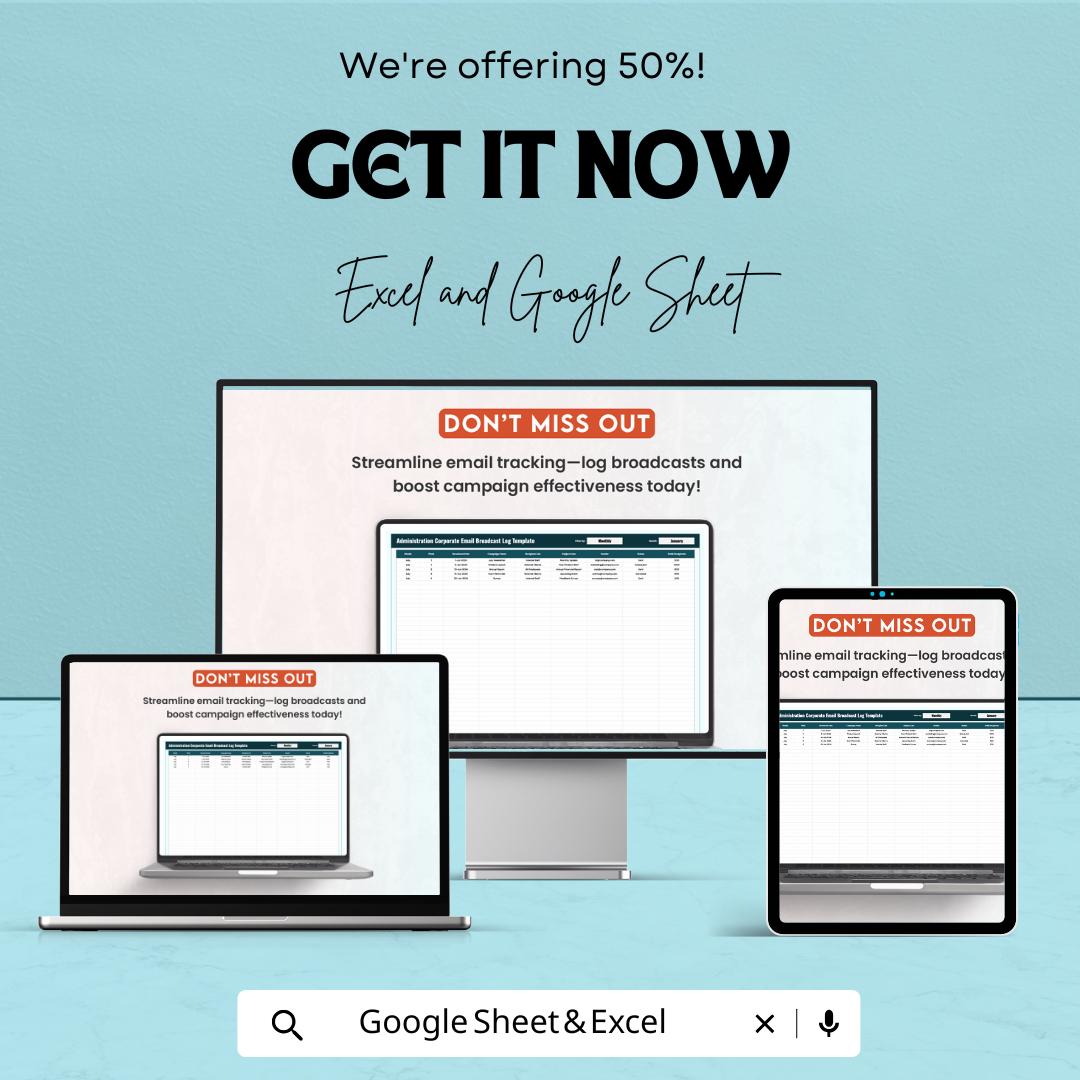 Administration Corporate Email Broadcast Log Template | Email Tracking Spreadsheet | Campaign Log | Business Communication