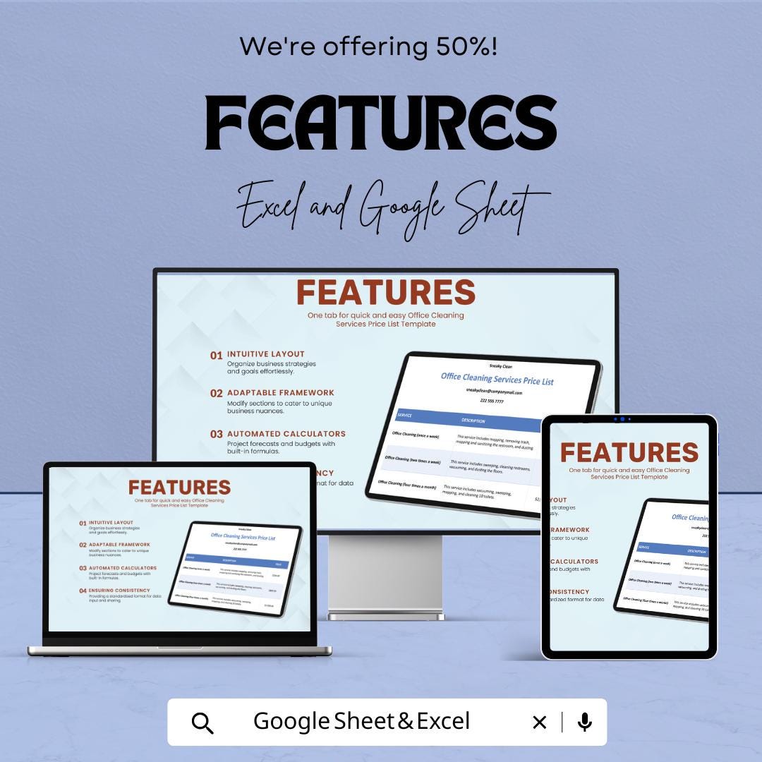 Office Cleaning Services Price List Sheet - Google Sheets Template - Professional Cleaning Service Pricing - Service & Rate Calculator