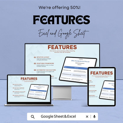 Office Cleaning Services Price List Sheet - Google Sheets Template - Professional Cleaning Service Pricing - Service & Rate Calculator