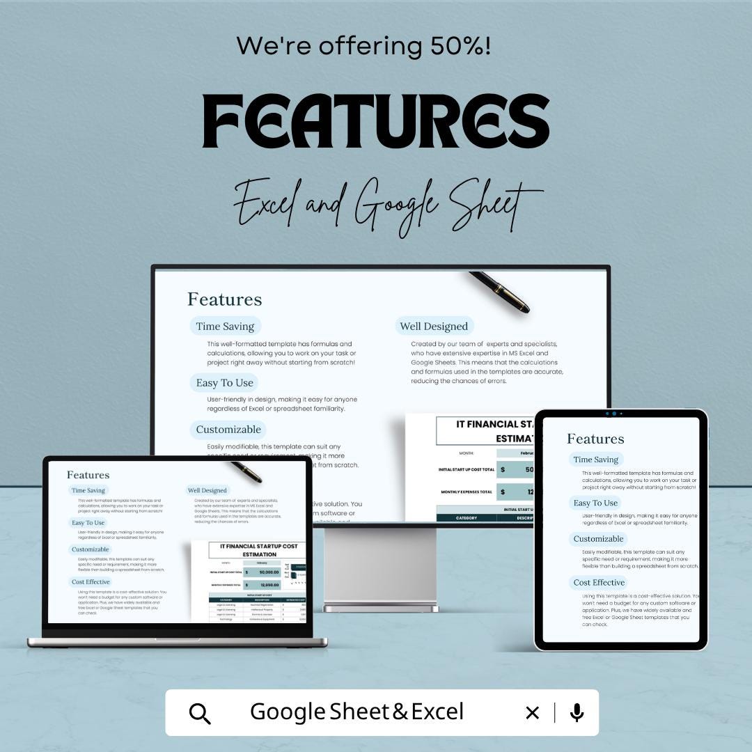 IT Financial Startup Costs Estimation Template | Startup Budget Spreadsheet | IT Business Cost Planner | Excel & Google Sheets |