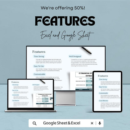 IT Financial Startup Costs Estimation Template | Startup Budget Spreadsheet | IT Business Cost Planner | Excel & Google Sheets |