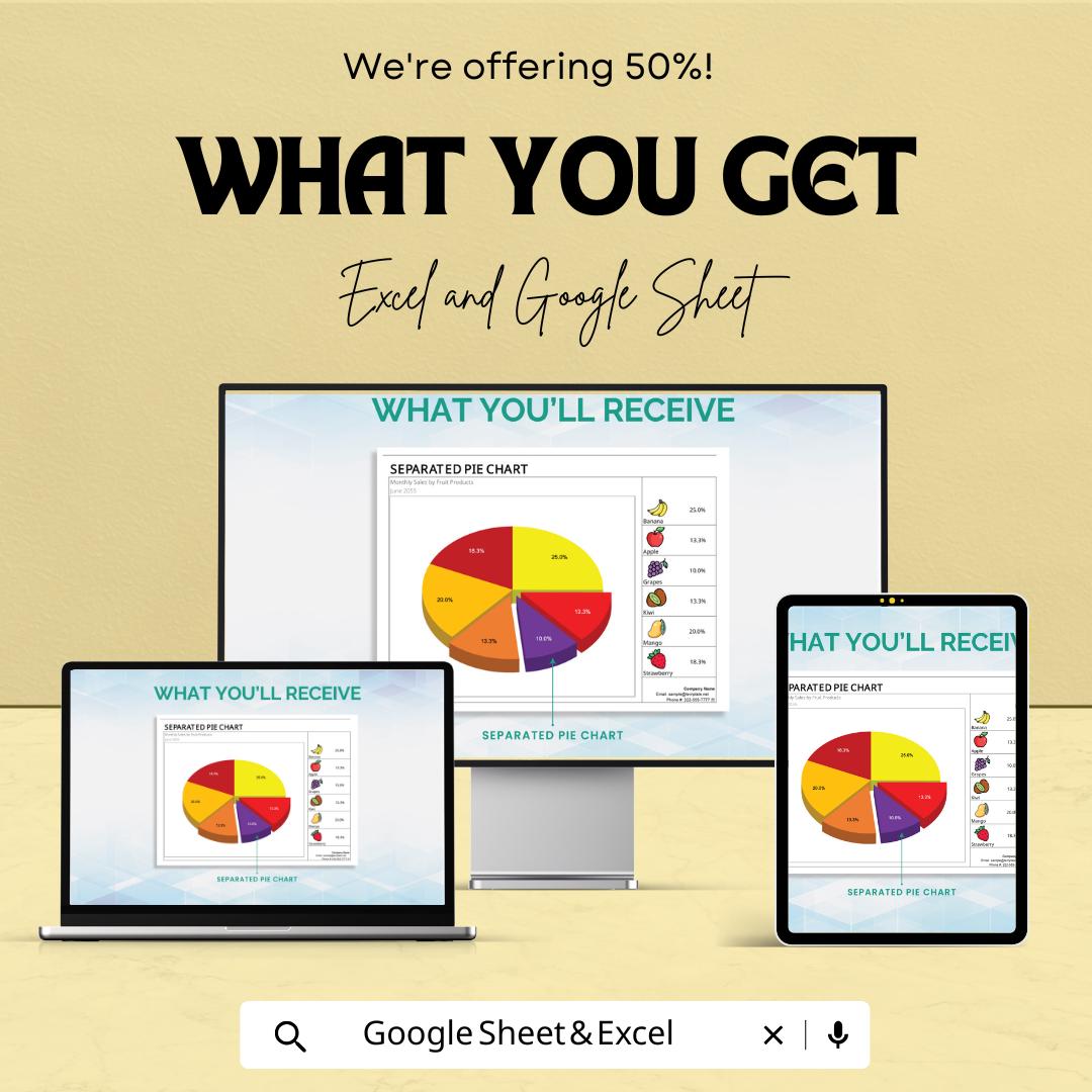 Separated Pie Chart Template | Data Visualization Excel and Google Sheets | Editable Chart Dashboard | Business Report & Analytics Tool