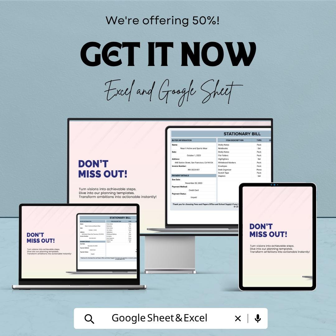 Stationary Bill Template | Office Supply Invoice Spreadsheet | Stationery Billing Tracker | Excel & Google Sheets Template |