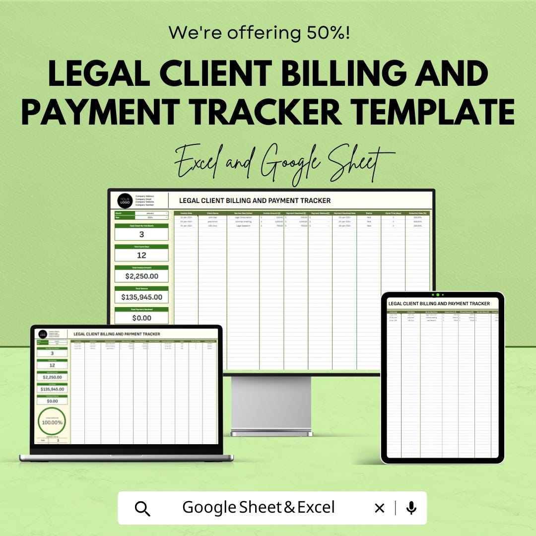Legal Client Billing and Payment Tracker Template | Law Firm Invoice & Payment Tracking Spreadsheet | Excel and Google Sheets