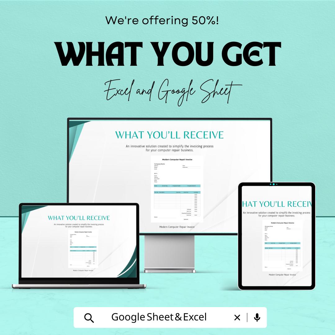 Modern Computer Repair Invoice Template |  Repair Service Billing Template | Printable Invoice Sheet | Auto Calculated