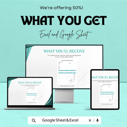 Modern Computer Repair Invoice Template |  Repair Service Billing Template | Printable Invoice Sheet | Auto Calculated