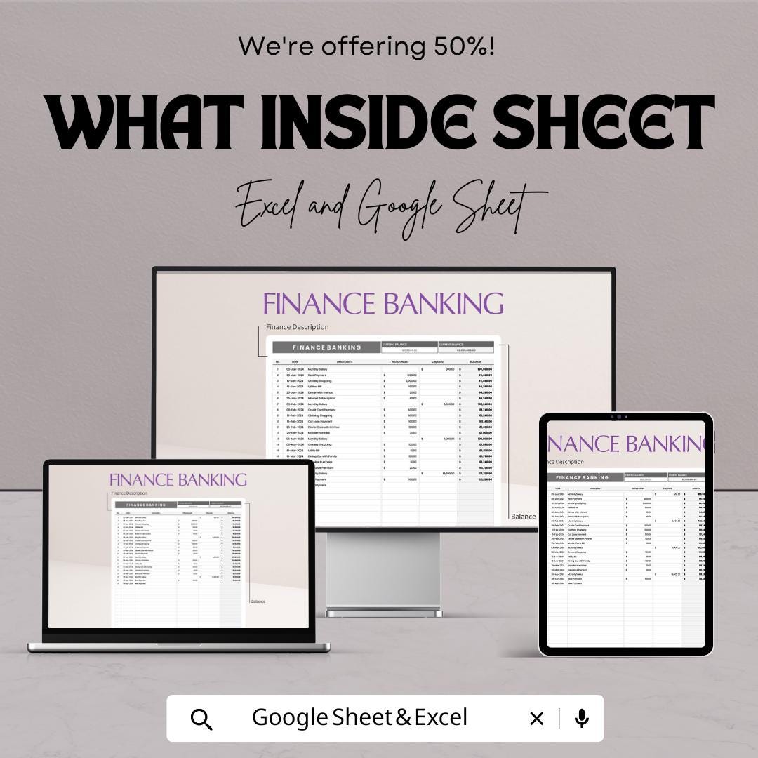 Finance Banking Template | Transaction Tracker | Income and Expense Log | Account Balance Spreadsheet