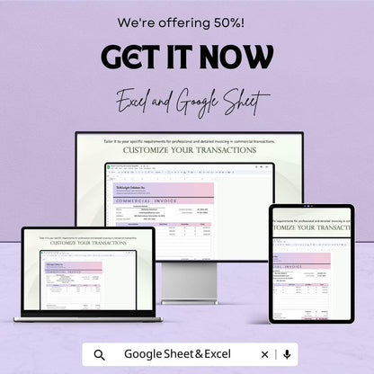 Basic Commercial Invoice Sheet - Excel & Google Sheets Template for Professional Invoicing, Customizable Invoice Generator - 50% Off
