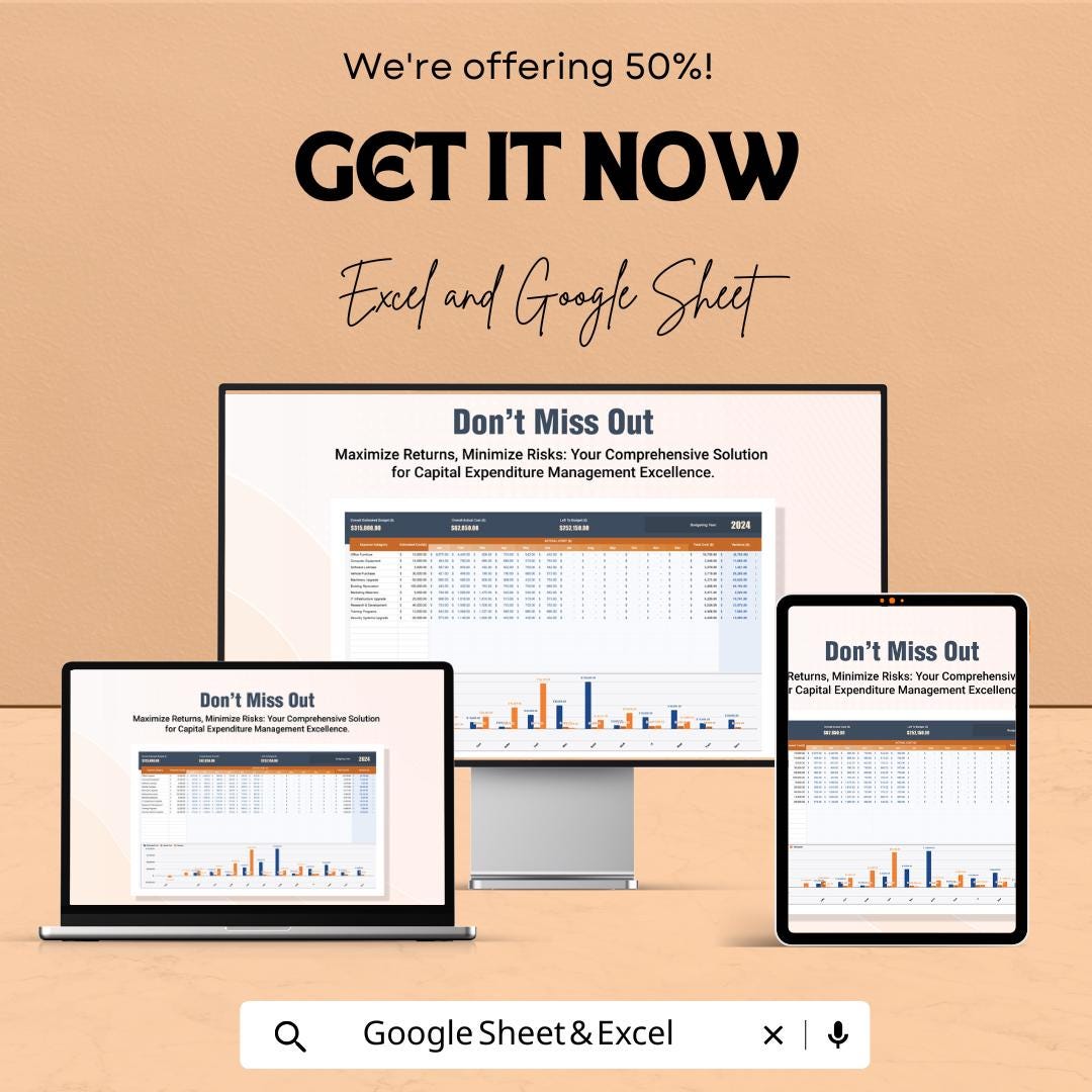 Finance Capital Expenditure Budgeting Sheet | Excel & Google Sheets Template for Budget Planning | Capital Expenditure Tracker