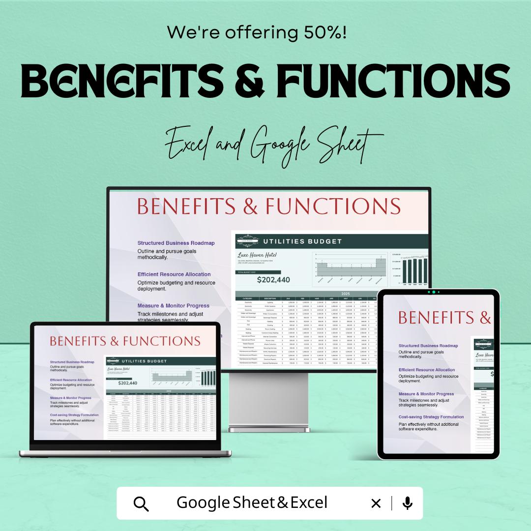 Hotel Utilities Budget Sheet - Excel and Google Sheet - 2025 Financial Planning for Hotels - Track Utilities & Operational Costs |