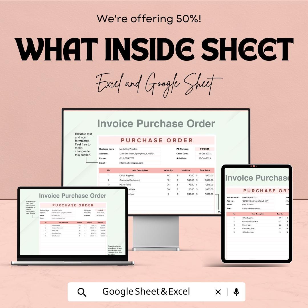 QuickBooks Purchase Order Template | Fillable PO Form in Excel & Google Sheets | Editable Procurement Sheet | Instant Download