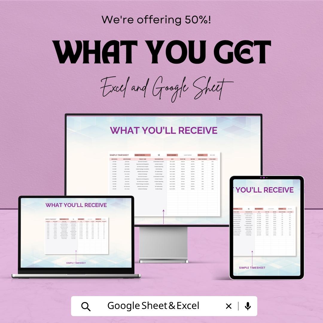 Simple Timesheet Template | Employee Timesheet Spreadsheet | Work Hours Tracker Template | Daily Time Log Sheet