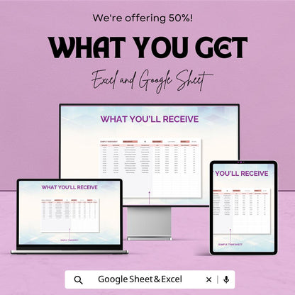 Simple Timesheet Template | Employee Timesheet Spreadsheet | Work Hours Tracker Template | Daily Time Log Sheet