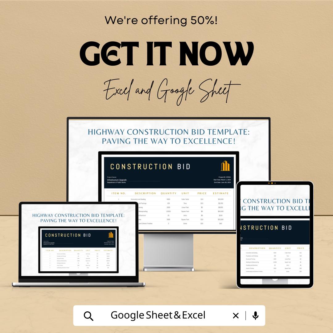 Highway Construction Bid Template | Road Construction Bid Spreadsheet | Contractor Bid Proposal Template |  Construction Estimate