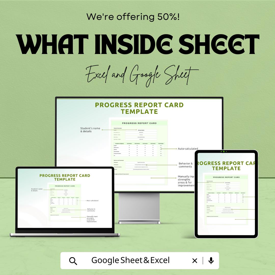 50% Off - Progress Report Card Sheet for Google Sheets | Student Grade Tracker | Quarterly Report Template | Academic Progress Overview