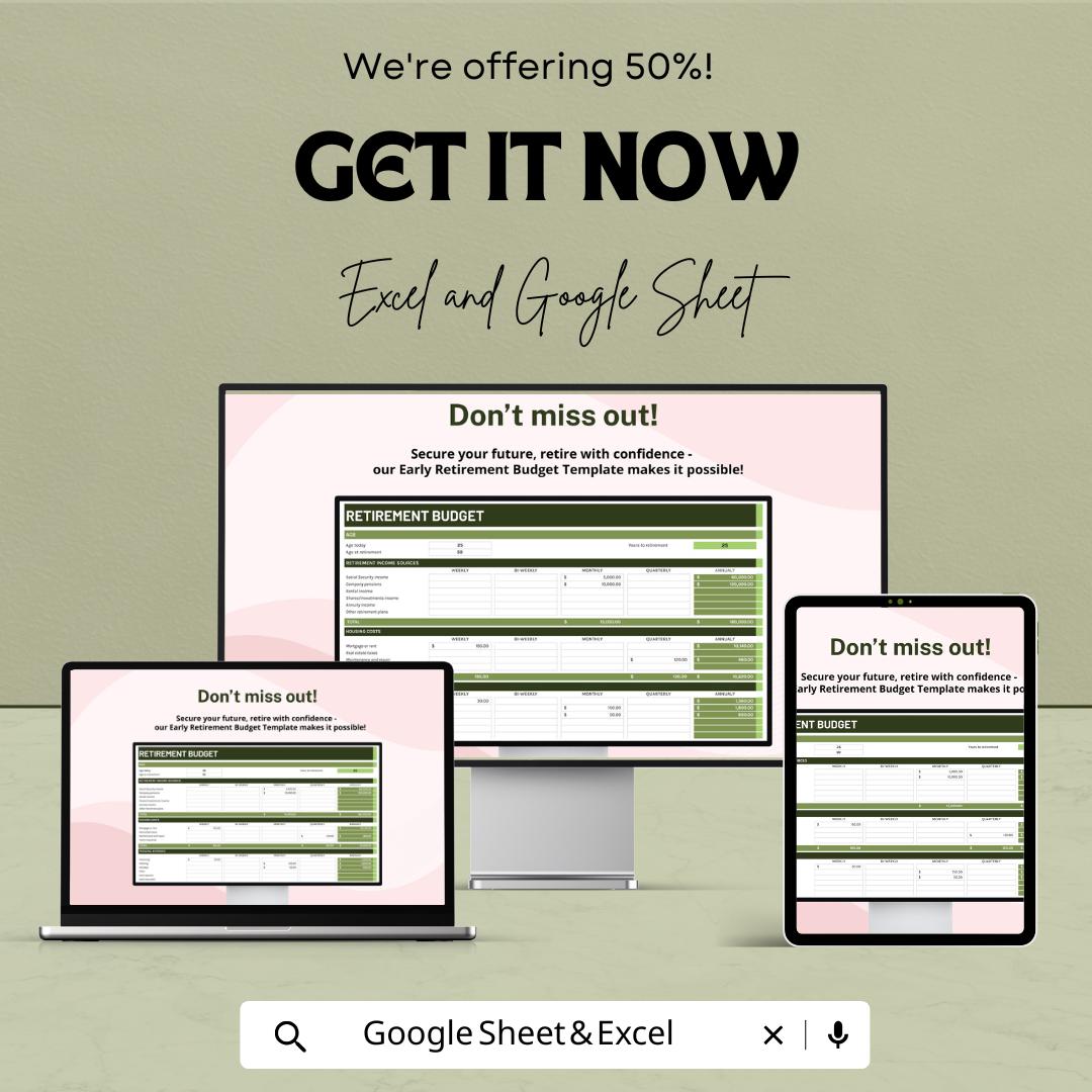 Early Retirement Budget | Excel and Google Sheets Retirement | Financial Independence Tracker | Income and Expense | Savings Forecast Tool