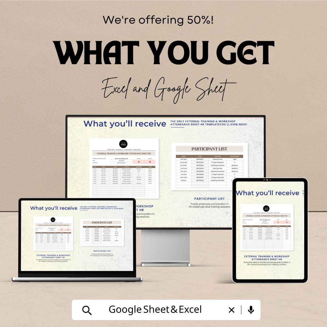 External Training & Workshop Attendance Sheet HR Template | Excel and Google Sheets | Employee Training Tracker