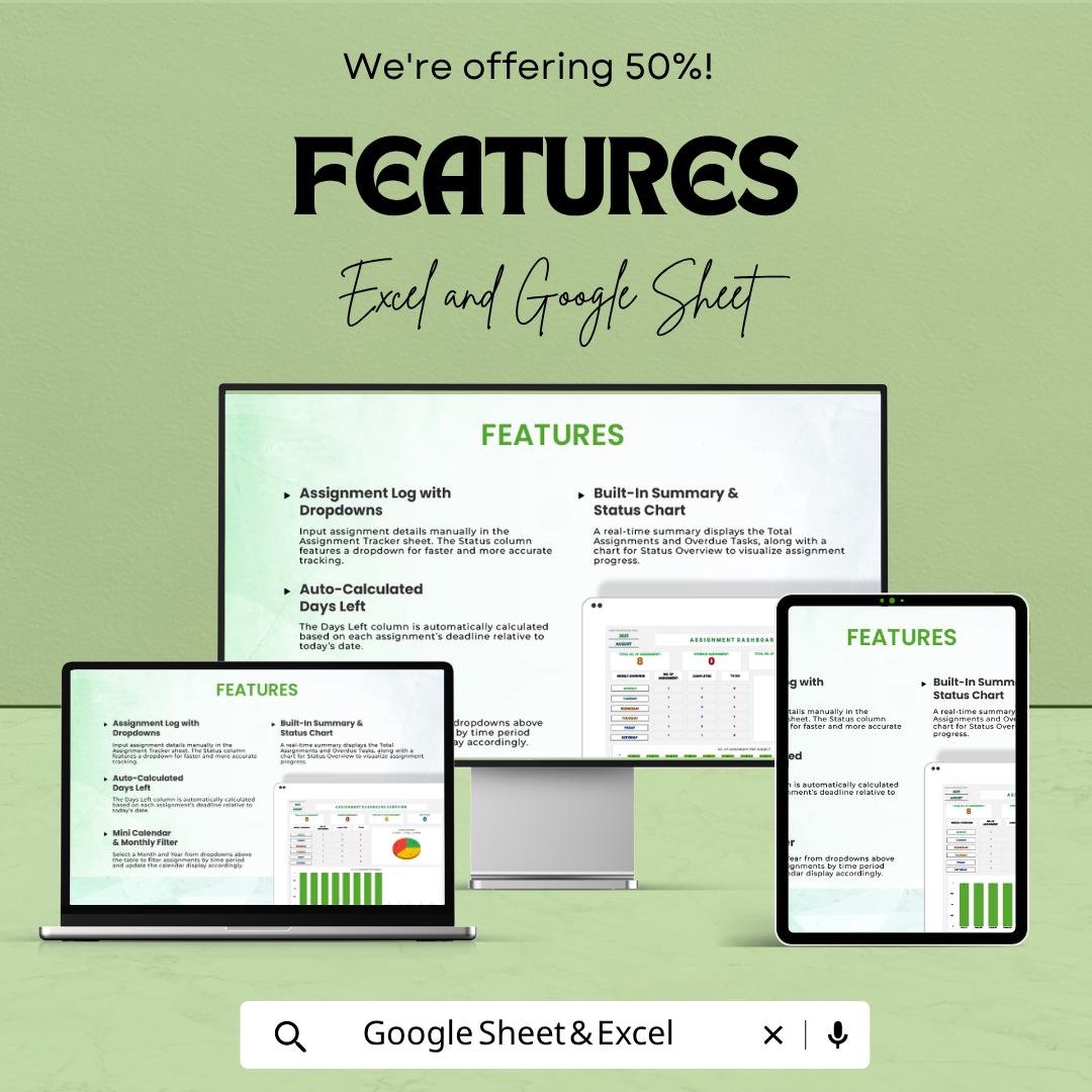 Assignment Tracker Template | Homework Tracker | Assignment Dashboard | Study Planner Spreadsheet | School Organizer