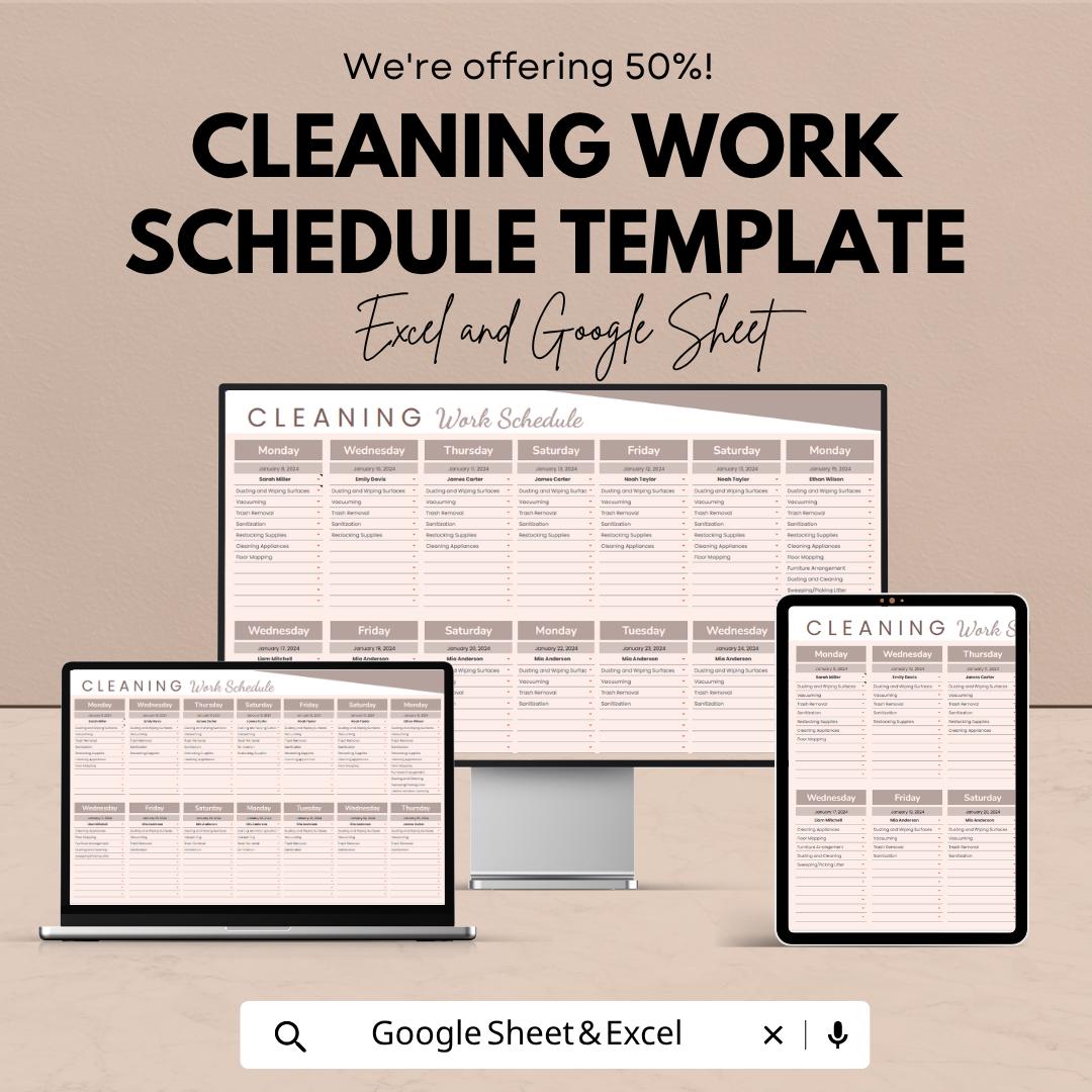 Cleaning Work Schedule Template | Cleaning Planner Spreadsheet | Staff Cleaning Schedule | Cleaning Checklist Template
