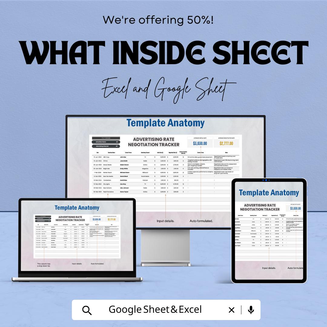 Advertising Rate Negotiation Tracker Sheet | Excel and Google Sheets Template | Track Ad Pricing & Deals | Rate Negotiation Tool |