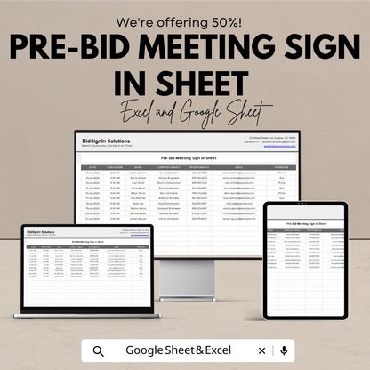 Pre-Bid Meeting Sign-In Sheet | Excel and Google Sheet | Efficient Attendance Tracker for Bids | Customizable & Exportable |