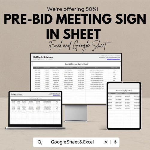 Pre-Bid Meeting Sign-In Sheet | Excel and Google Sheet | Efficient Attendance Tracker for Bids | Customizable & Exportable |