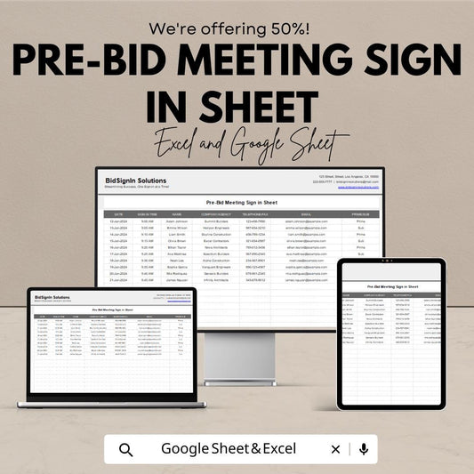 Pre-Bid Meeting Sign-In Sheet | Excel and Google Sheet | Efficient Attendance Tracker for Bids | Customizable & Exportable |